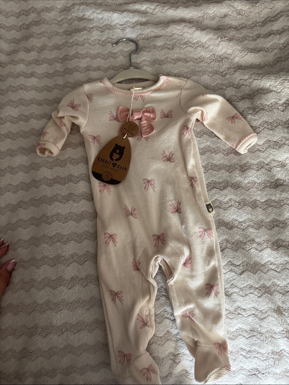 Rabbit & Bear Cream Baby Footie with Pink Bow Accent